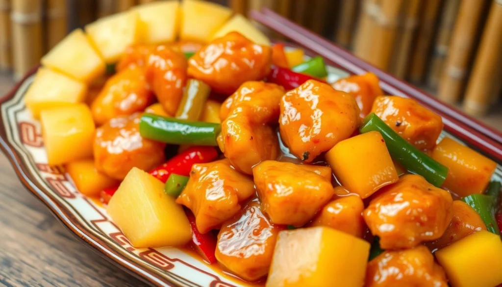 Sweet and sour chicken stir-fry with pineapple and bell peppers.