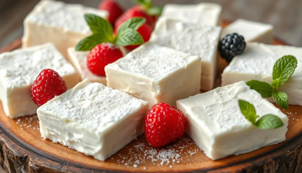 A plate of creamy, sweet cream cheese squares topped with graham cracker crumbs and fresh berries.