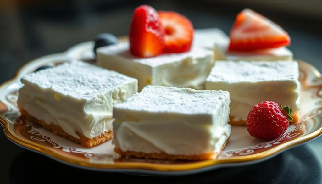 A plate of creamy, sweet cream cheese squares topped with graham cracker crumbs and fresh berries.