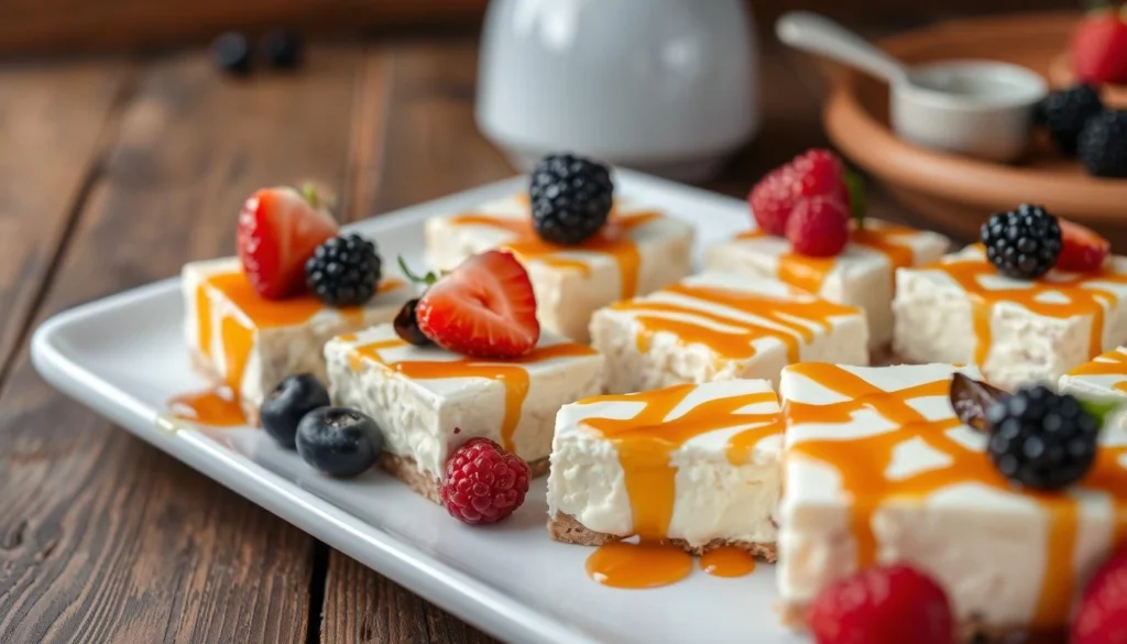 A plate of creamy, sweet cream cheese squares topped with graham cracker crumbs and fresh berries.