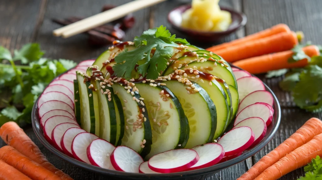 Asian inspired cucumber salad with sesame seeds and fresh herbs