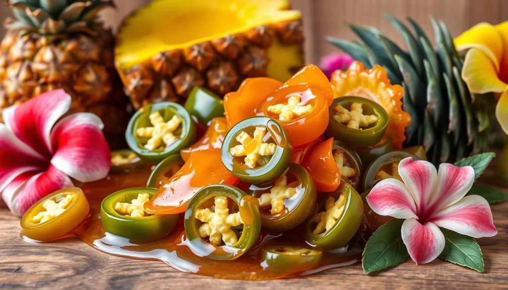 A jar of Hawaiian Cowboy Candy – a sweet and spicy jalapeño relish.