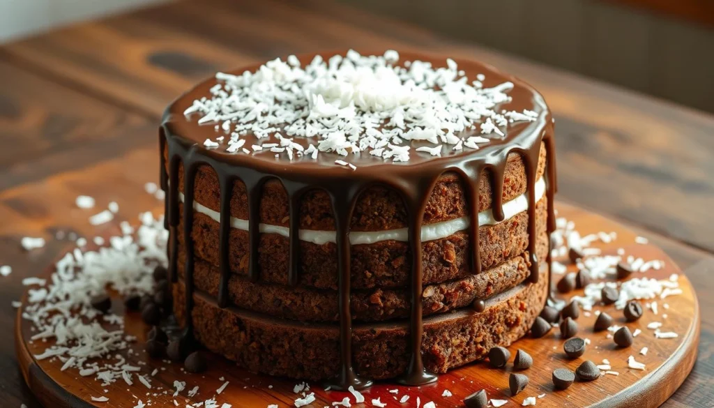 Mounds cake with layers of chocolate ganache and shredded coconut on top