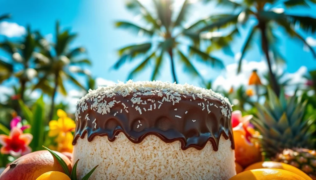 Mounds cake with layers of chocolate ganache and shredded coconut on top