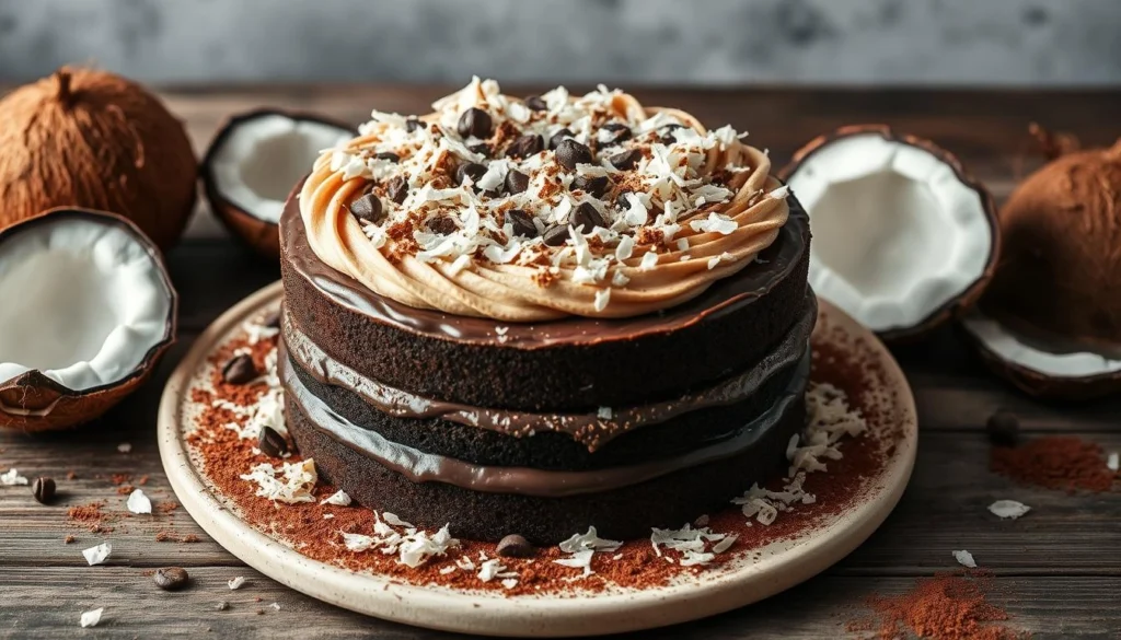 Mounds cake with layers of chocolate ganache and shredded coconut on top