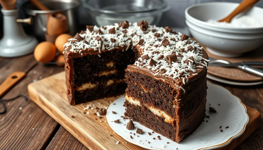 Mounds cake with layers of chocolate ganache and shredded coconut on top