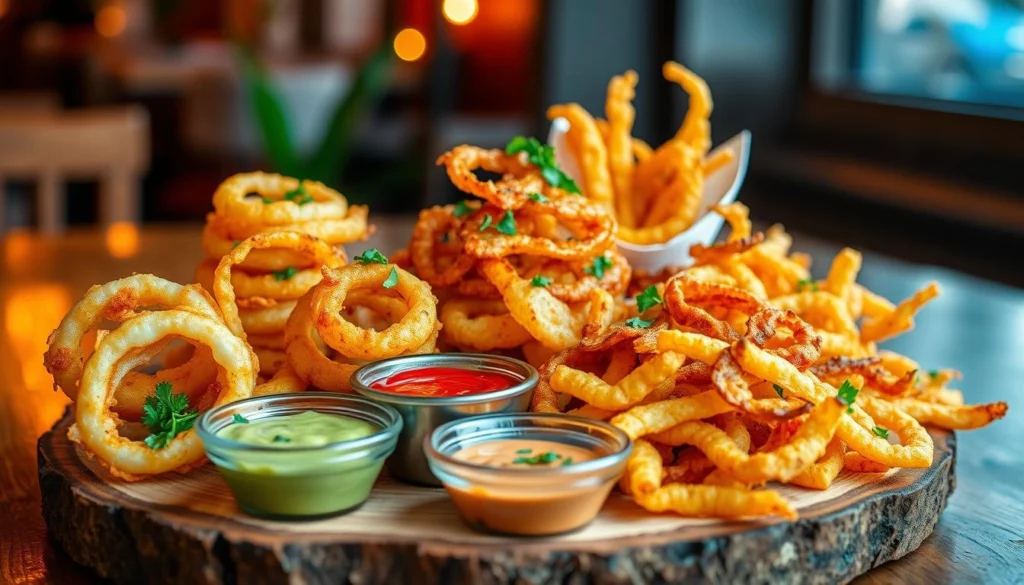 Plate of crispy onion rings with dipping sauce