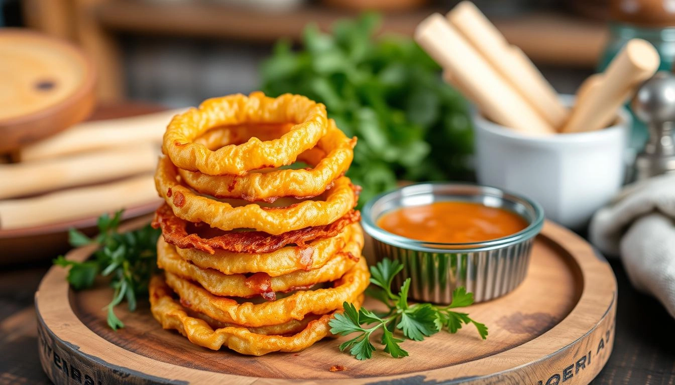 Plate of crispy onion rings with dipping sauce

