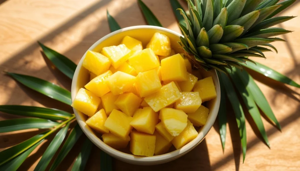 Fresh pineapple chunks ready to be crushed into crushed pineapple.

