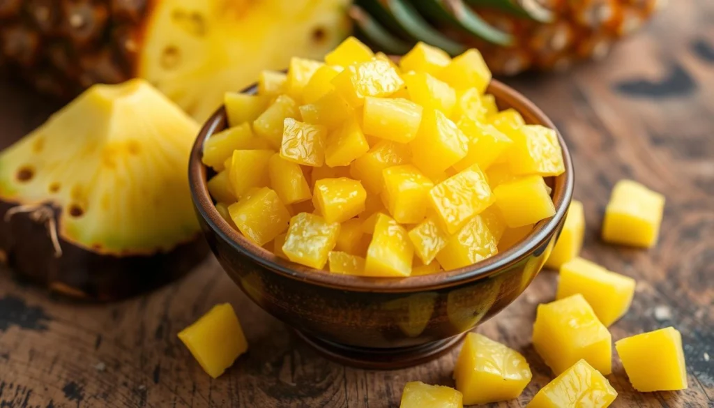 Fresh pineapple chunks ready to be crushed into crushed pineapple.
