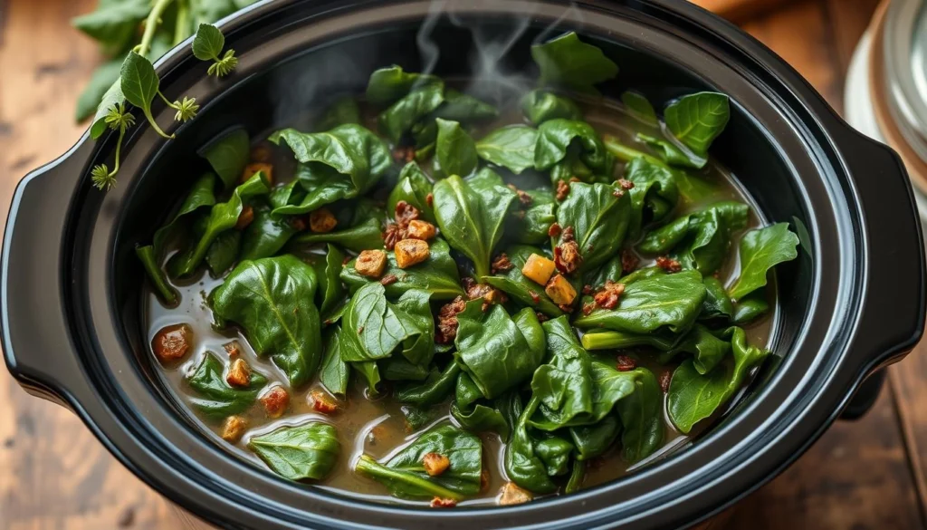 Slow cooker collard greens with smoked meat and onions