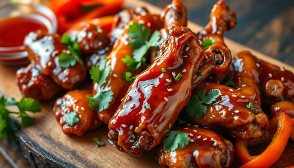 Crispy sweet and sour chicken wings coated in a tangy glaze, served on a platter with fresh herbs