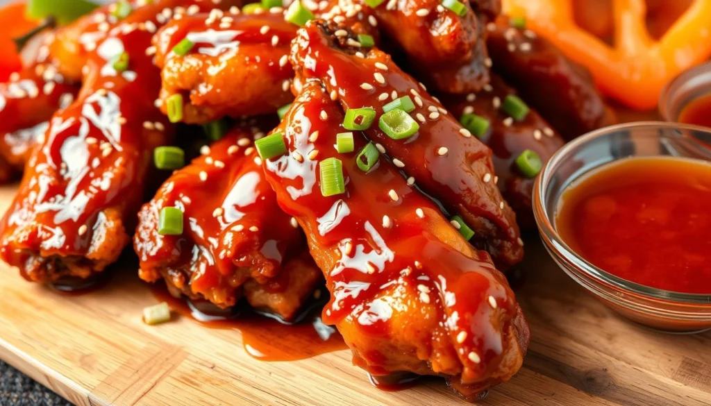 Crispy sweet and sour chicken wings coated in a tangy glaze, served on a platter with fresh herbs