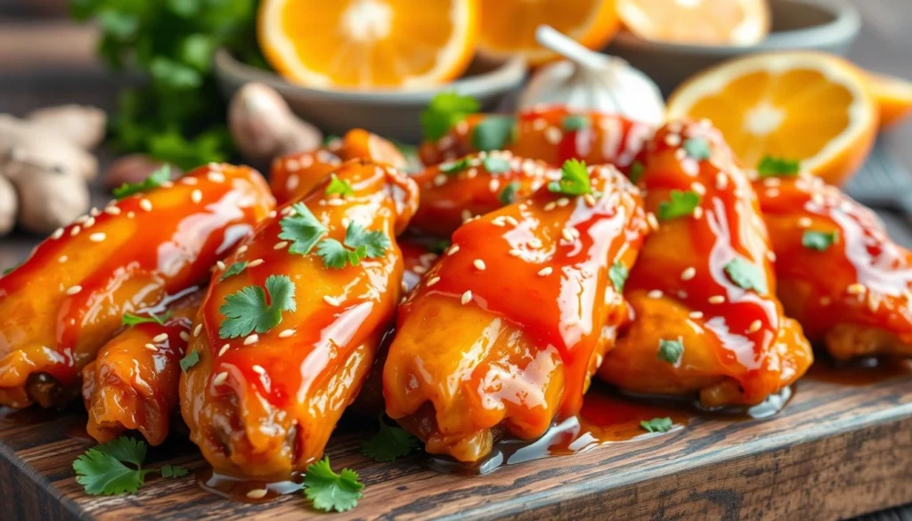 Crispy sweet and sour chicken wings coated in a tangy glaze, served on a platter with fresh herbs