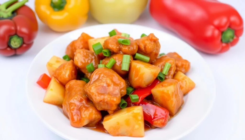 Easy sweet and sour chicken with bell peppers and pineapple chunks served on rice.