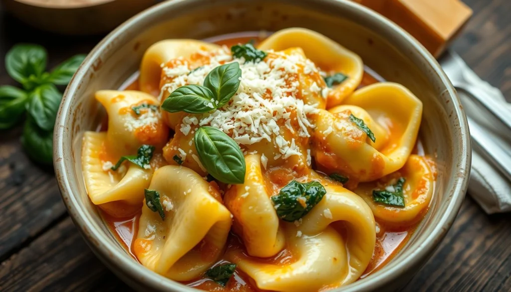 A bowl of cheesy tortellini pasta topped with fresh basil and grated Parmesan cheese.