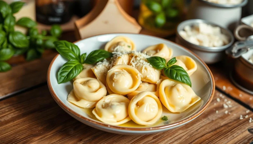 A bowl of cheesy tortellini pasta topped with fresh basil and grated Parmesan cheese.