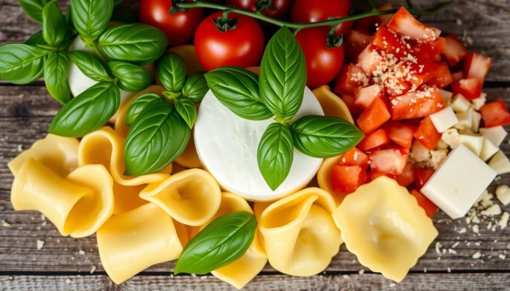 A bowl of cheesy tortellini pasta topped with fresh basil and grated Parmesan cheese.