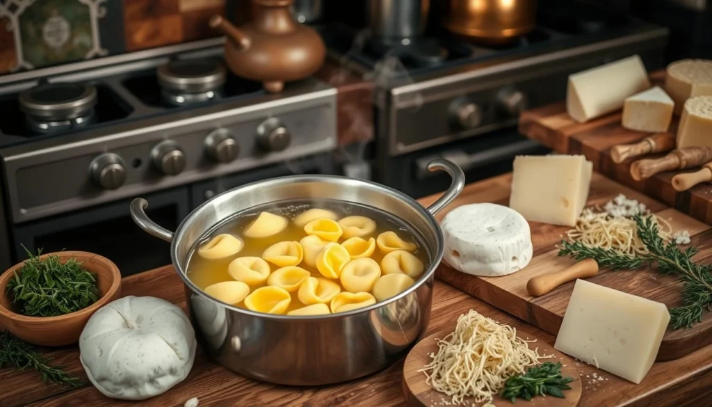 A bowl of cheesy tortellini pasta topped with fresh basil and grated Parmesan cheese.