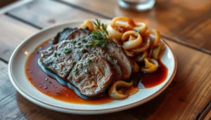 Golden, pan-seared turkey liver on a plate with caramelized onions.