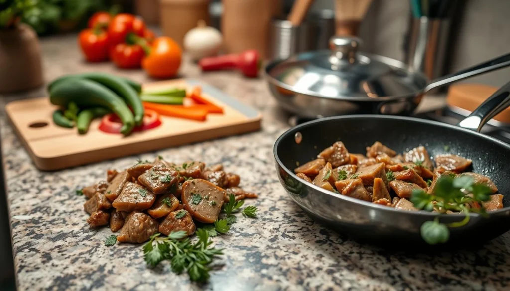 Golden, pan-seared turkey liver on a plate with caramelized onions.